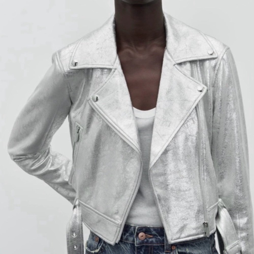 Zara Women's Silver Metallic Biker Jacket size M Like New